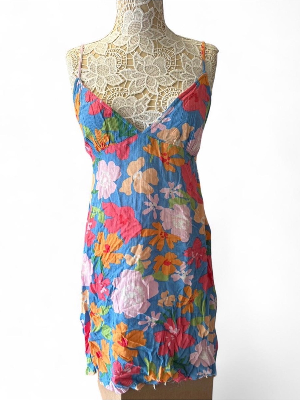 Billabong Blue Floral Midi Dress with Pink, Orange & Yellow Flowers